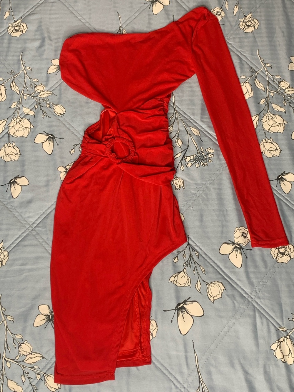 Red Single Sleeve Side Cut Out Dress
